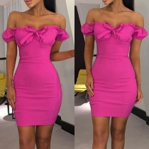 Sexy Off-shoulder Short Sleeve Solid Color Slim Fit Dress