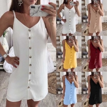 Sexy V-neck Front-button Solid Color Sling Dress