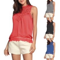 Fashion Solid Color Sleeveless Round Neck Lace Spliced Top 