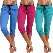 Fashion Solid Color Drawstring Waist Capri Pants 