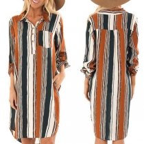 Fashion Long Sleeve POLO Collar High-low Hem Striped Shirt Dress