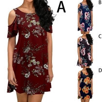 Sexy Off-shoulder Short Sleeve Round Neck Printed Dress