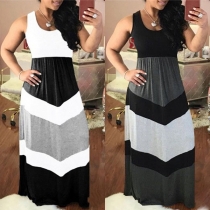 Fashion Contrast Color Sleeveless Round Neck High Waist Maxi Dress