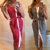 Sexy Slit Hem Sleeveless Square Collar Dost Printed Dress