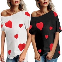 Sexy Oblique Shoulder Heart Printed Short Sleeve T-shirt 