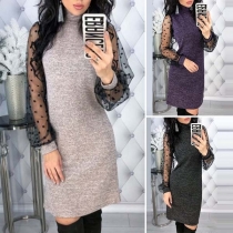 Sexy Gauze Spliced Lantern Sleeve High Neck Dress