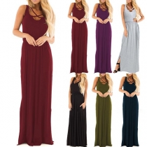 Fashion Solid Color Sleeveless High Waist Maxi Dress