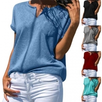 Fashion Solid Color Short Sleeve V-neck Loose T-shirt 