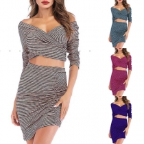 Sexy V-neck 3/4 Sleeve Striped Crop Top + Skirt Two-piece Set 