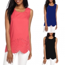 Fashion Solid Color Sleeveless Round Neck Hollow Out Hem Top