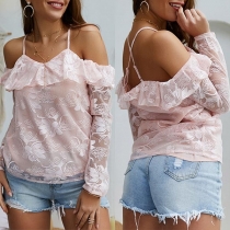 Sexy Off-shoulder Long Sleeve Lace Spliced Sling Top 