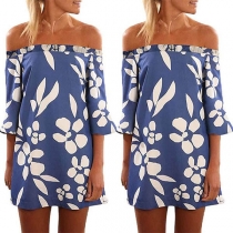 Sexy Off-shoulder Boat Neck Half Sleeve Printed Dress