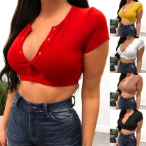 Sexy Short Sleeve Round Neck Solid Color Crop Top 