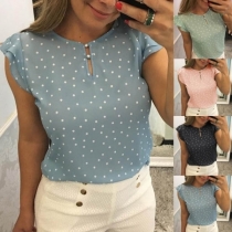 Fashion Dots Printed Lotus Sleeve Round Neck Top 