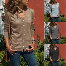 Fashion Solid Color Long Sleeve V-neck Cardigan 