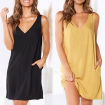 Sexy Backless Sleeveless V-neck Solid Color Dress