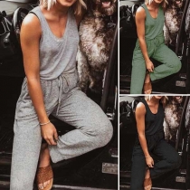 Fashion Solid Color Round Neck Sleeveless Jumpsuit 