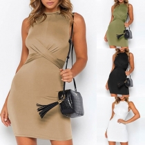 Elegant Solid Color Sleeveless Round Neck Crossover Dress