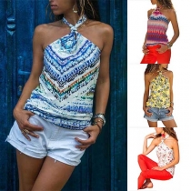Sexy Backless Slim Fit Printed Halter Top 
