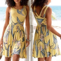 Sexy Backless Sleeveless Round Neck Printed Dress