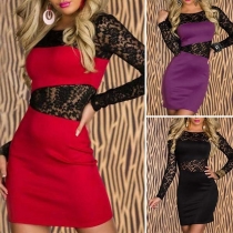 Sexy Lace Spliced Long Sleeve Round Neck Slim Fit Dress 