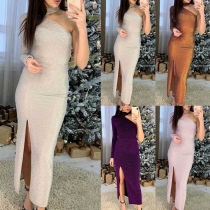 Sexy One-shoulder Long Sleeve Slit Hem Party Dress