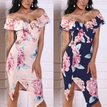 Sexy Ruffle Boat Neck Slit Hem Slim Fit Printed Dress