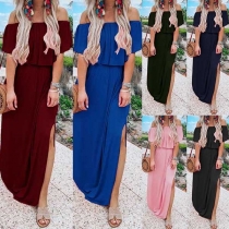Sexy Off-shoulder Boat Neck Slit Hem Solid Color Maxi Dress