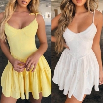 Sexy Backless V-neck Lace Spliced Solid Color Sling Dress