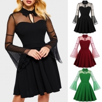 Sexy Gauze Spliced Trumpet Sleeve POLO Collar High Waist Dress