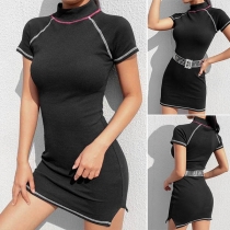 Fashion Contrast Color Short Sleeve Mock Neck Slim Fit Dress