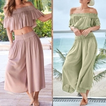 Sexy off-shoulder Boat Neck Crop Top + High Waist Wide-leg Pants Two-piece Set 