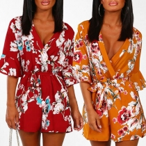 Sexy Deep V-neck Trumpet Sleeve Printed Romper 