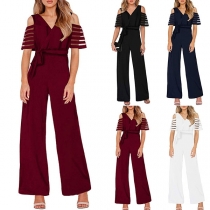 Sexy Off-shoulder Short Sleeve V-neck High Waist Jumpsuit