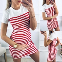 Fashion Short Sleeve Round Neck Striped T-shirt Dress