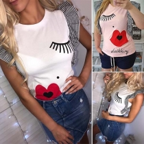 Fashion Striped Spliced Lotus Sleeve Printed T-shirt 