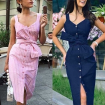 Sexy V-neck Slit Hem Front-button Sling Dress
