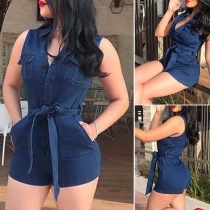Fashion Sleeveless POLO Collar Slim Fit Denim Romper 
