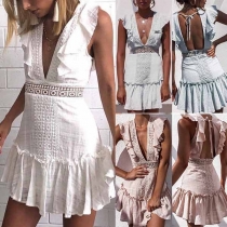 Sexy Backless Deep V-neck Ruffle Dress