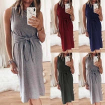 Elegant Solid Color Sleeveless Round Neck Lace-up Dress