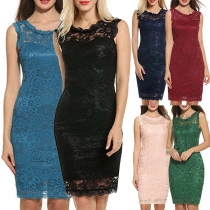 Elegant Solid Color Sleeveless Round Neck Slim Fit Lace Dress