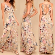 Sexy Backless V-neck High Waist Sling Printed Dress