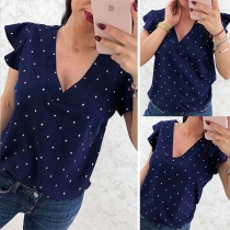 Retro Style Lotus Sleeve V-neck Dots printed Top 