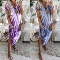 Fashion Printed Short Sleeve V-neck Slit Hem Loose Dress