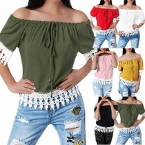 Sexy Off-shoulder Boat Neck Lace Spliced Short Sleeve Top 