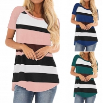 Fashion Short Sleeve Round Neck Striped T-shirt