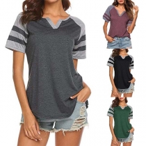 Fashion Contrast Color Short Sleeve V-neck T-shirt 