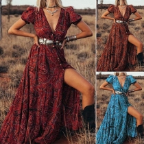 Sexy V-neck Sleeveless High Waist Printed Maxi Dress