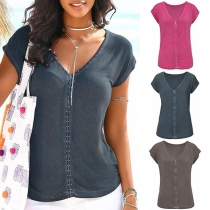 Fashion Solid Color Short Sleeve V-neck T-shirt 