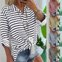 Fashion Long Sleeve V-neck Slit Hem Striped T-shirt
